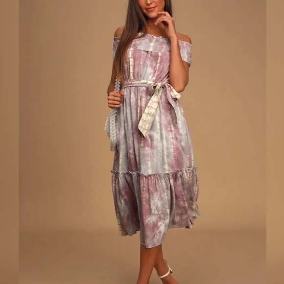 Lulus Dazed Purple Multi Tie-Dye Ruffled Off-the-Shoulder Midi Dress M - Picture 2 of 11